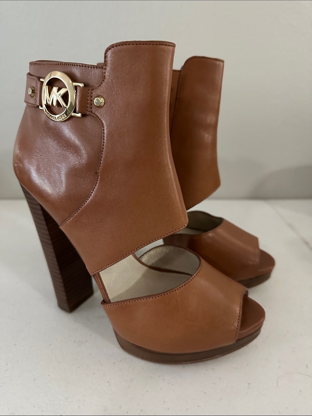 Michael Kors Brown Leather Peep-Toe High Block Heel Sandals
